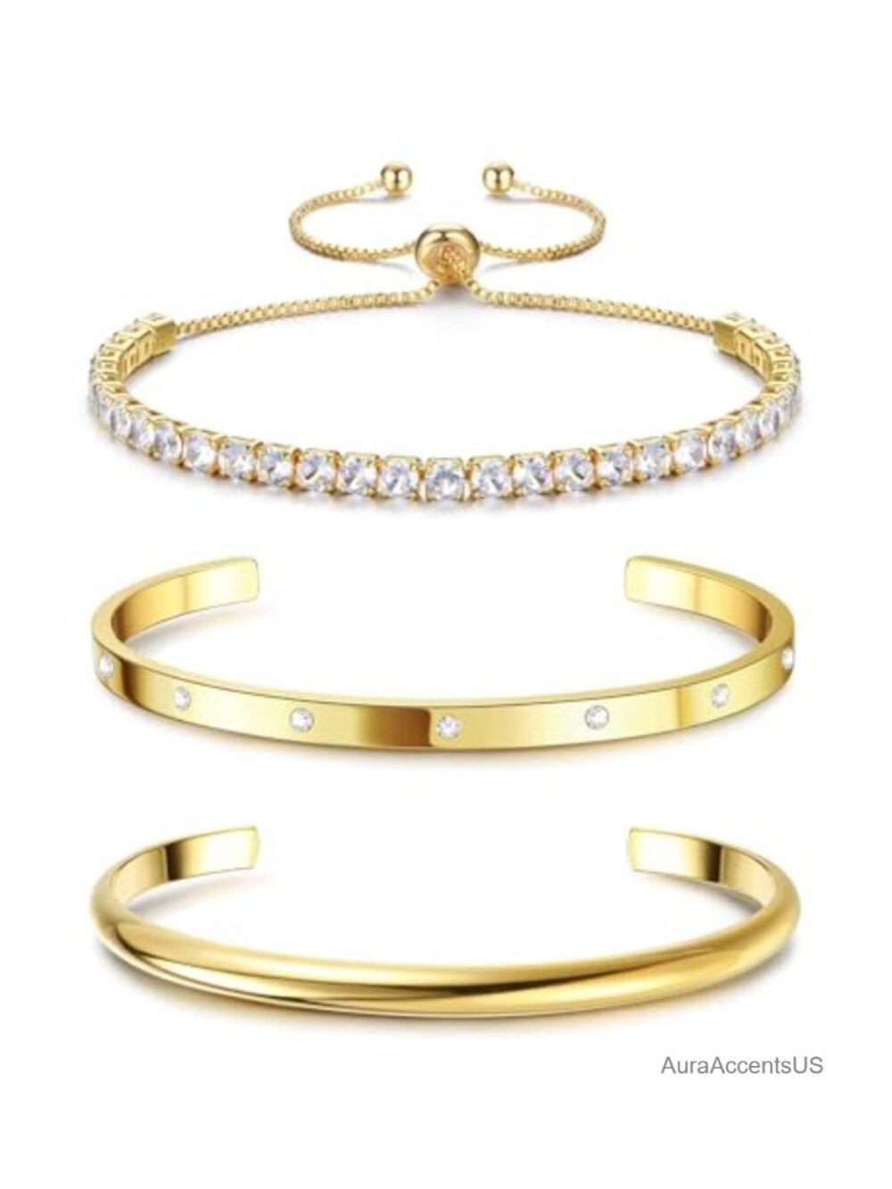 14K Gold Plated Bangle Cuff Tennis Bracelet Set for Women